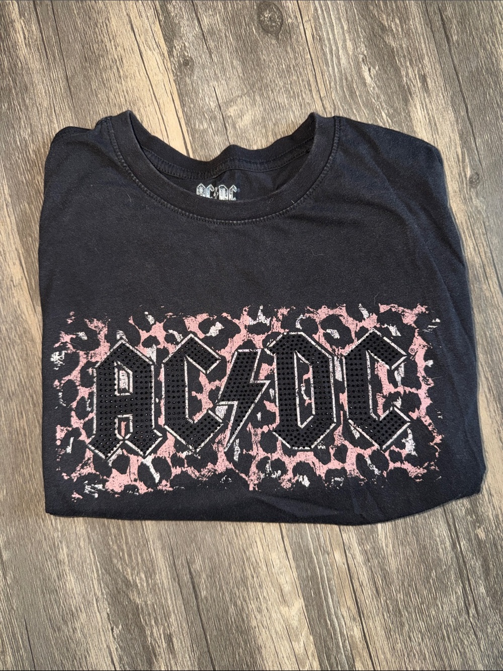 AC/DC Black womens graphic Tee with Pink Leopard Logo